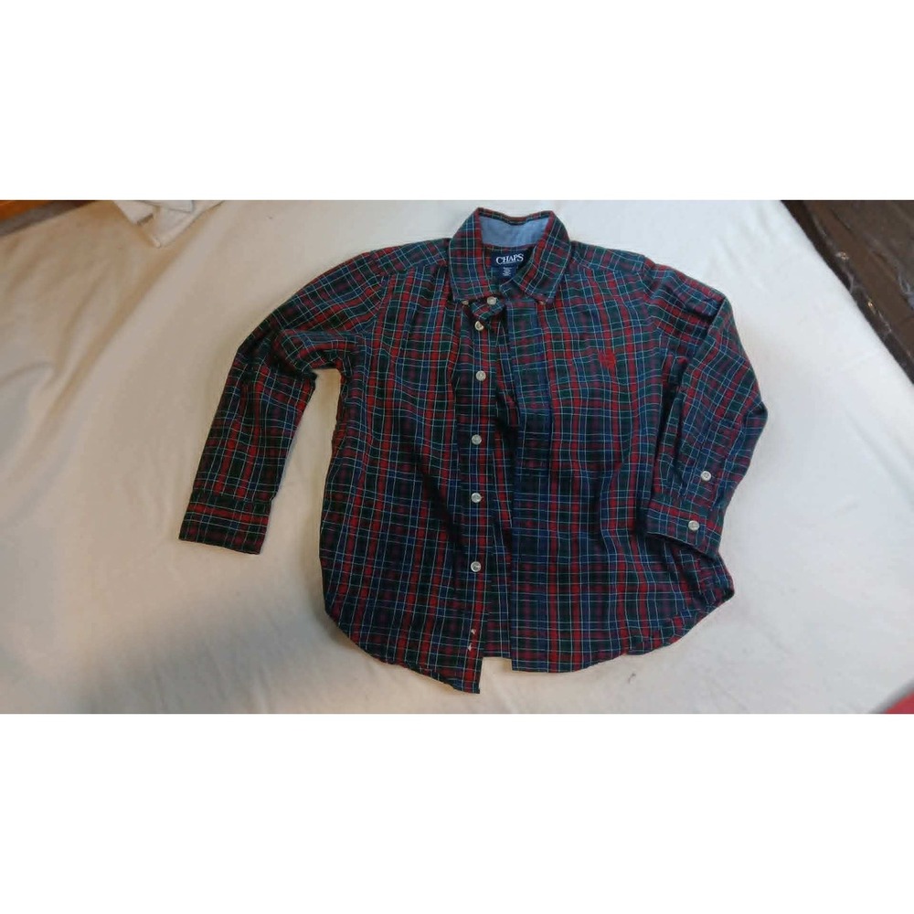 Chaps Boys Easy Care Checkered Plaid Button Up Christmas Shirt Green Red Size 5